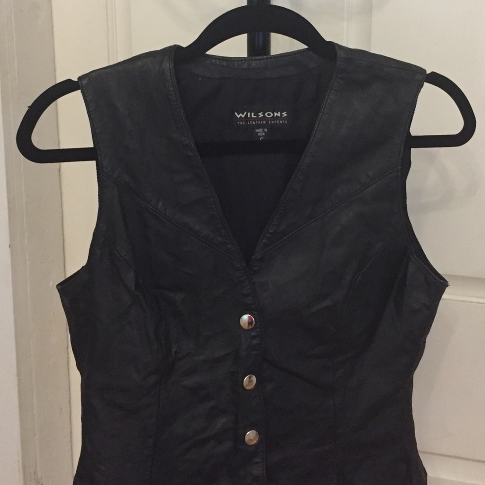 Black leather fitted vest with silver buttons